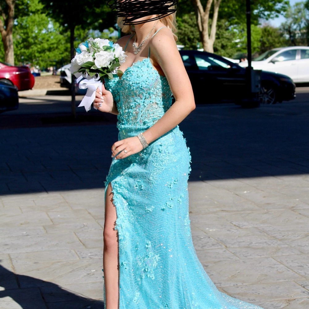 Rachel Allan Blue Sequin Gown with Slit for Prom - Picture 2 of 3